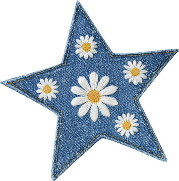 Denim star applique featuring embroidered white daisy flowers, creating a vintage handcrafted look, blue jeans fabric patch ornament with transparent background