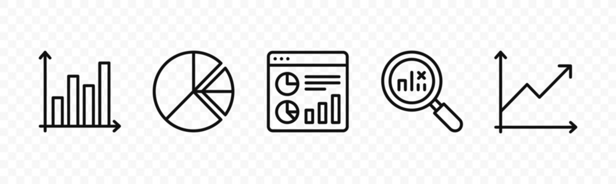 flat vector illustration line art icon bundle set design showcasing business statistics data analytics charts and financial graphs for corporate management dashboard ui