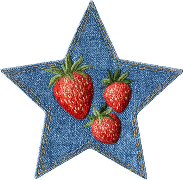 Handcrafted denim star applique featuring vibrant embroidered strawberries, creating a charming vintage textile art design with a rustic appeal on a transparent background