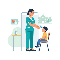 Fototapeta premium Nurse taking child's temperature at school entrance with infrared thermometer, health check for safety