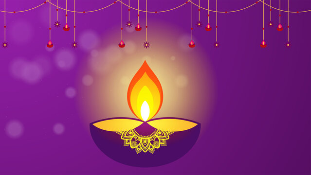 Decorative oil lamp with glowing flame on purple background for Diwali festival celebration