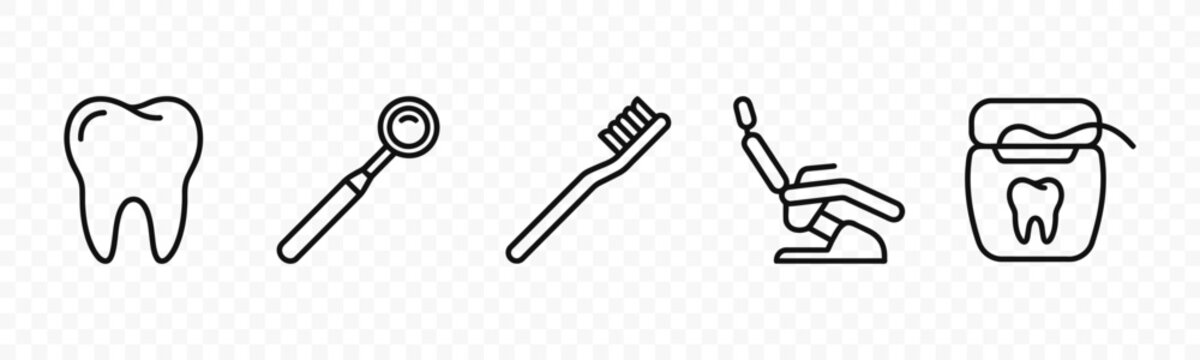 flat vector illustration line art icon bundle set design highlighting dental care dentistry oral hygiene and clinic symbols for professional tooth health app icons ui ux