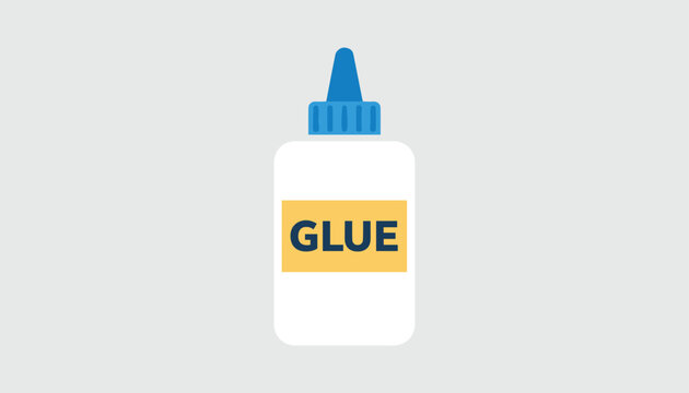 Simple school liquid glue bottle illustration with a yellow label and blue cap isolated on a light grey background.