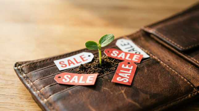 Consumer spending habits influence growth as small plant sprouts from soil inside wallet surrounded by sale tags symbolizing saving and investment