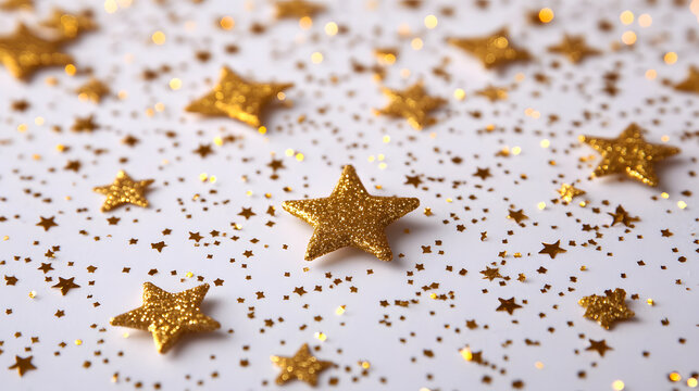 Golden glittering stars confetti scattered on white shiny background festive