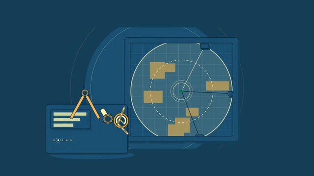 Abstract animated dispatch response covering its radius drawn as blue and cyan lines and shapes on a deep dark background. Seamless looping 4K motion graphics video with free space for text, ideal for