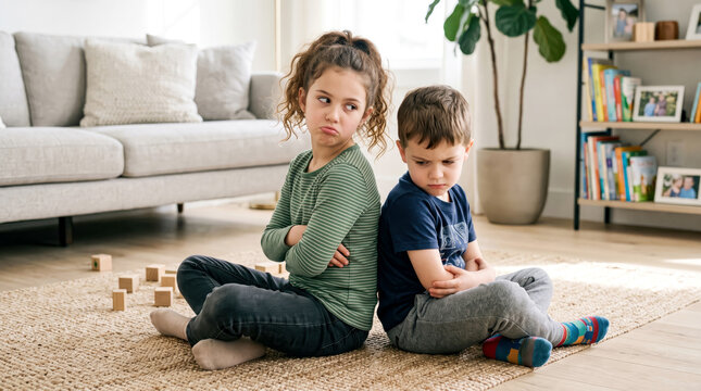 Upset young siblings sitting back-to-back on rug, boy and girl having disagreement at home
