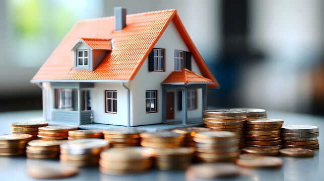 Small toy house model standing on stacks of silver coins