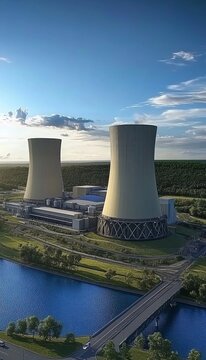 Aerial view of a nuclear power plant station with cooling towers near a river in landscape setting.