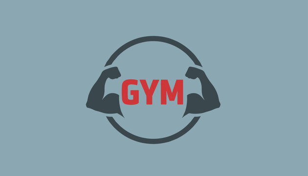Fitness gym logo design with muscular flexed bicep arms and bold red typography inside a circle on a grey background.