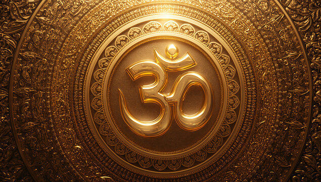Detailed golden embossed om symbol on ornate circular plate with embossed engraving spirituality religion hinduism buddhism meditation tradition heritage reflection devotion mindfulness