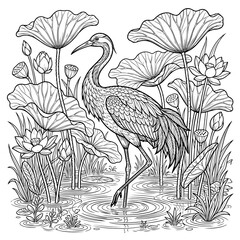 Naklejka premium Intricate black and white line of a crane bird standing in a lotus pond with large leaves and blooming flowers for coloring
