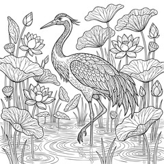 Naklejka premium Detailed black and white line of a tall crane bird standing in a pond surrounded by blooming lotus flowers and lily pads
