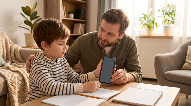 Father, son, phone, table, and homework in family room