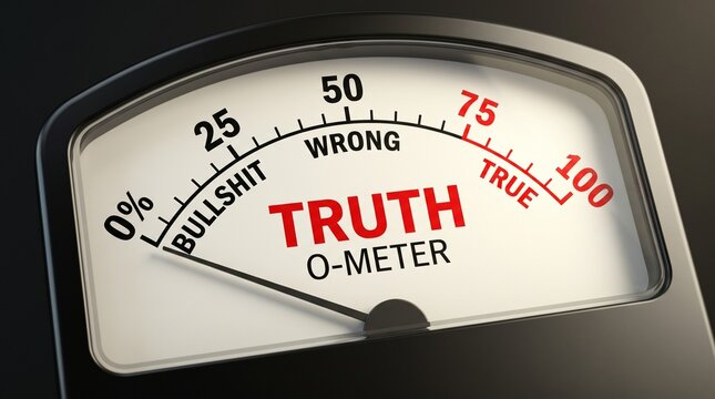 Truth o meter conceptual indicator pointing to bullshit or low percent of honesty