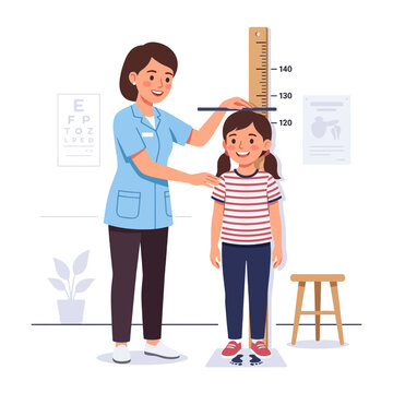 Pediatrician measuring child's height using a stadiometer in a clinic, with an eye chart and medical poster in the background.