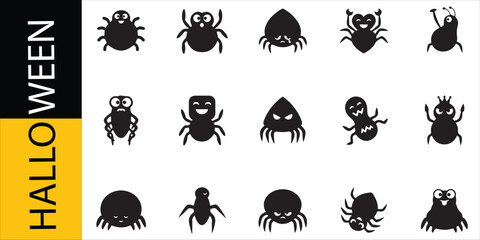 Obraz premium Halloween Spiders Set, Stylized Vector Icons, Spooky Creatures, Halloween Design Elements, Festive Illustration.