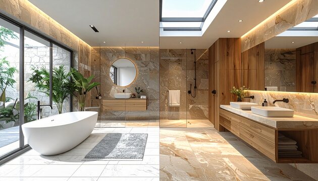 Modern luxury bathroom with freestanding tub and skylight.
