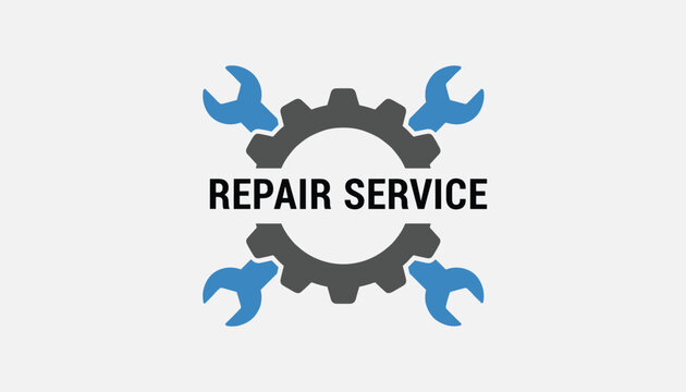Repair service concept icon showing a dark grey gear surrounded by four blue wrenches on a light grey background.