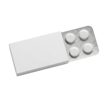 White medicine blister pack with four round pills and a blank paper label area isolated on transparent background