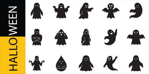 Fototapeta premium Halloween Silhouettes Set with Spooky Ghosts, Bats, and Pumpkins. Vector Icons for Festive Decorations