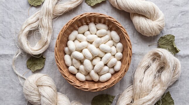 Natural Silk Cocoons and Threads Arranged Artfully on a Textured Background.