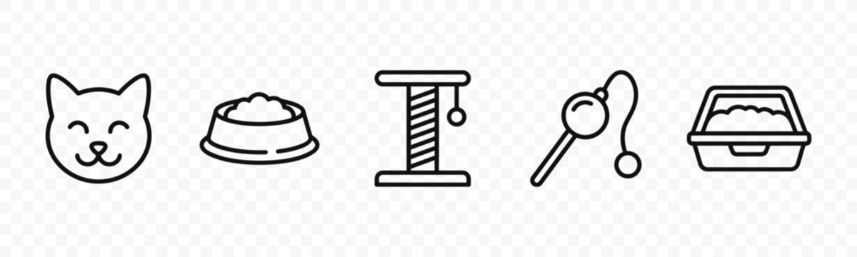 flat vector illustration line art icon bundle set design depicting pet care cat grooming accessories and animal health symbols for professional veterinary clinic website icons