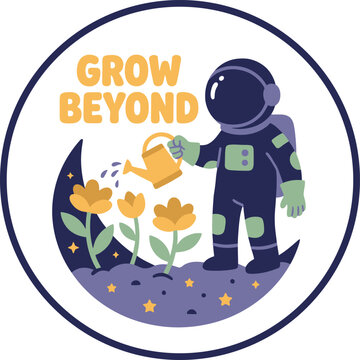 Astronaut Cultivating Cosmic Garden on Moon: Whimsical Graphic Design for Creative Apparel and Merchandising Development