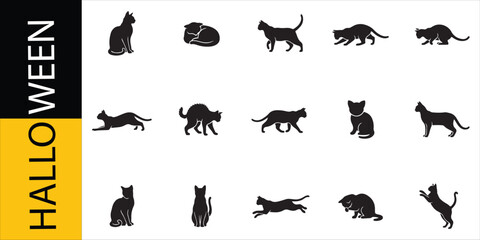 Obraz premium Halloween Cats Set, Vector Illustration with Silhouettes. Spooky Feline Icons, Halloween Design Elements