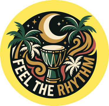 Captivating tropical night celebration graphic Design with djembe drum, swaying palm trees, crescent moon, and stars, ideal for Apparel Merchandising.