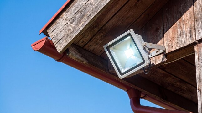 Outdoor floodlight mounted on wooden structure with blue sky background.