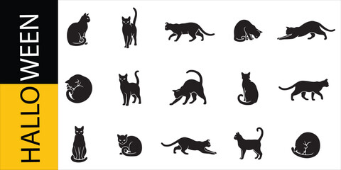 Obraz premium Halloween Cats Set, Vector Illustration with Silhouettes. Spooky Feline Icons, Halloween Design Elements