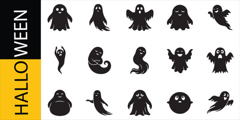 Obraz premium Halloween Ghosts Set, Spooky Icons and Vector Illustrations. Festive Halloween Design Elements