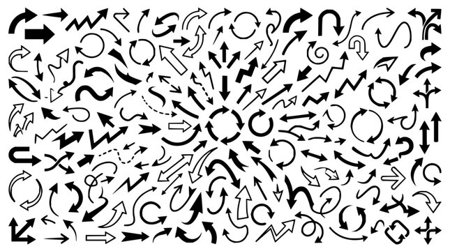 Arrow set with various directions featuring circular arrows, curved arrows, straight arrows with dashed lines and solid arrows with angled tips