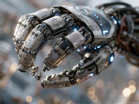 Macro titanium robotic hand grasping micro parts. Cool blue LED glow, cinematic volumetric lighting, shallow depth of field. Perfect for industrial automation ads and tech hero banners.