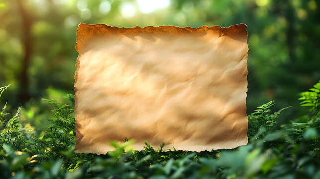 Blank vintage scroll parchment paper lying on lush green grass