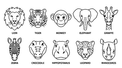 Fototapeta premium Animal faces set with line art illustrations featuring lion, tiger, monkey with elephant and giraffe