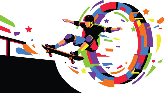 Energetic Skateboarder Performing Aerial Trick in Vibrant Illustration, Ideal for icon, logo Apparel, Merchandising, tournament and Graphic Design.