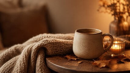 Fototapeta premium Cozy Autumn Mug and Candle With Knitted Blanket on Wooden Table