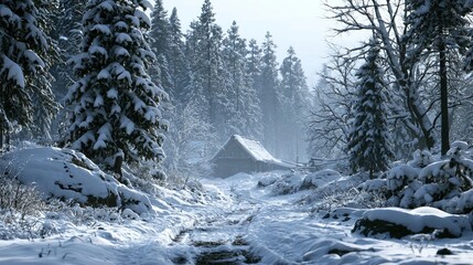 Naklejka premium Snow Covered Trail Leading to a Cozy Rustic Wooden Cabin in a Magical Tranquil Winter Pine Forest
