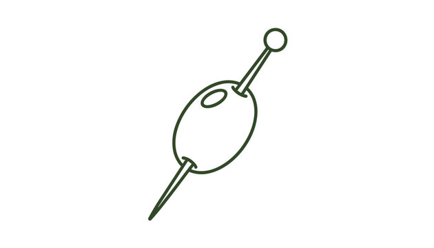 Minimalist single line art illustration of a ripe green olive skewered on a wooden toothpick over a white background.