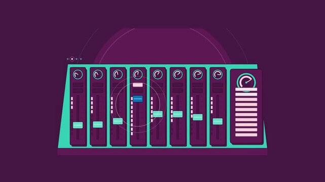 Abstract animated mixing console moving its faders drawn as violet and blue lines and shapes on a deep dark background. Seamless looping 4K motion graphics video with free space for text, ideal for ti