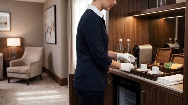 A professional hotel housekeeper meticulously prepares a luxury minibar station with coffee capsules, glasses, and fresh cups.