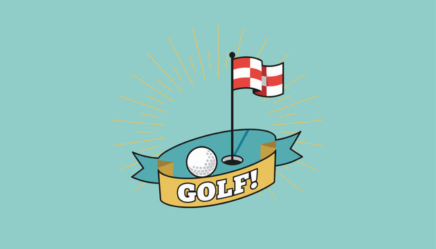 Retro golf logo badge design featuring a golf ball near the hole with a red and white checkered flag and a sunburst.