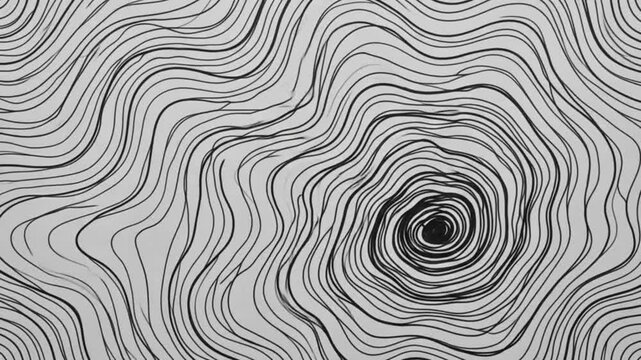 Black contour-style ink lines flow and swirl into a spiral pattern on a light gray background.