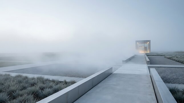 Concrete pathway disappearing into thick morning fog at a modern architectural landscape