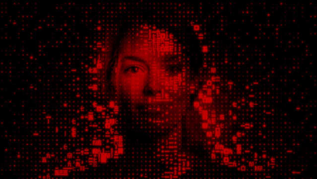 Female Face made of Data Fragments. Dark Web Data Leak Concept.