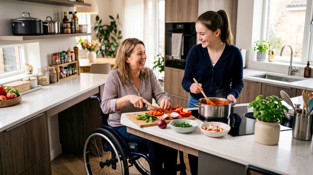 Disabled mother in wheelchair cooking dinner with daughter in kitchen
