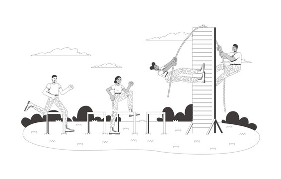 Military training camp obstacle course flat line illustration. Army recruits hurdle jumping. Infantry soldiers wall climbing 2D outline characters isolated. Black and white cartoon vector image
