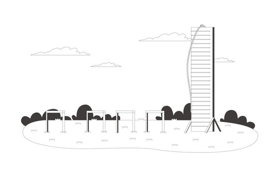 Outdoor obstacle course training flat line illustration. Climbing wall and rope. Fitness equipment on grassy field for military 2D outline empty scene isolated. Black and white cartoon vector image
